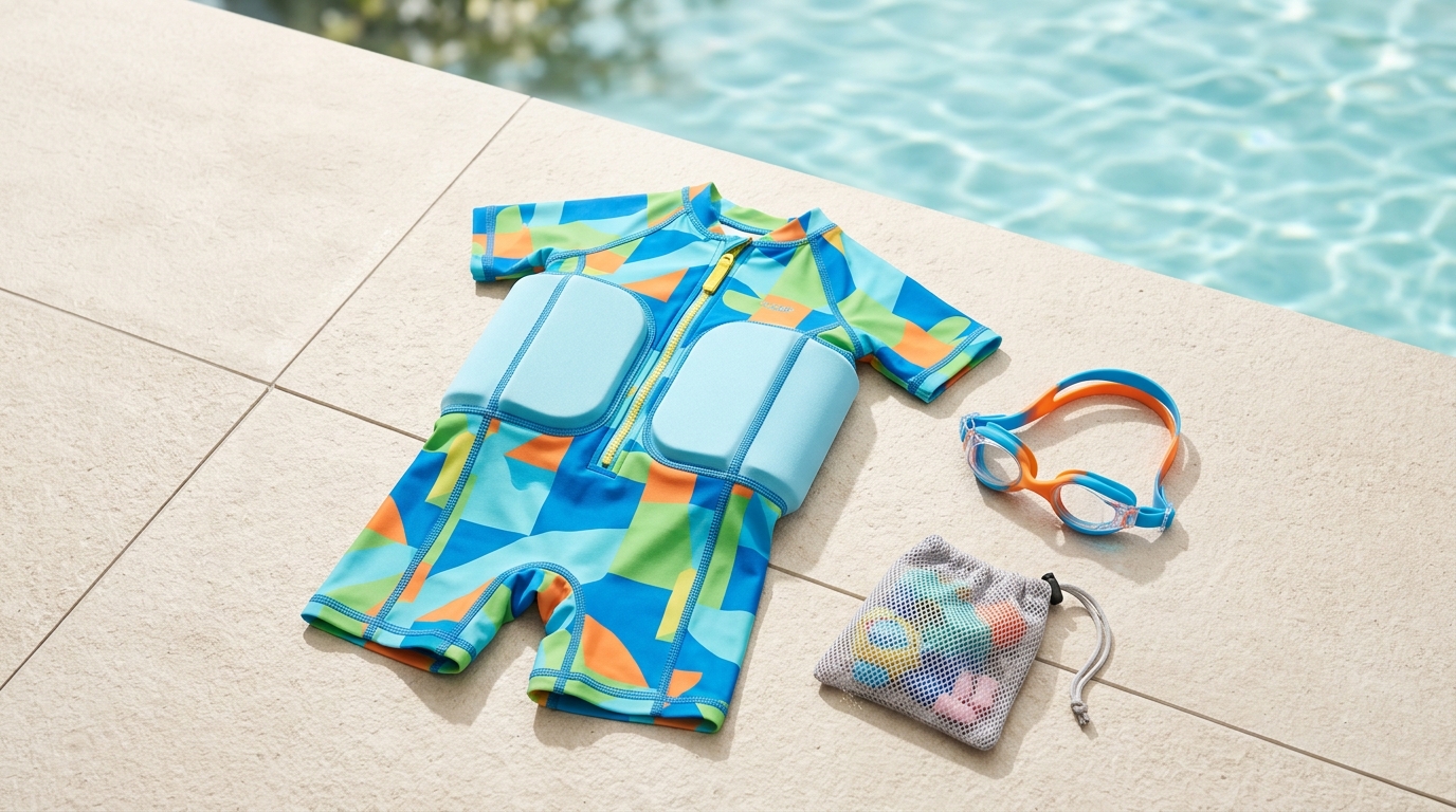 Modern ergonomic kids buoyancy swimsuit with removable foam blocks and sun protection rash guard